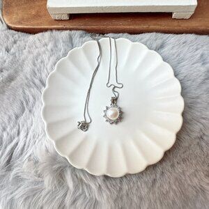 White Pearl Pendant on Silver Chain Necklace
